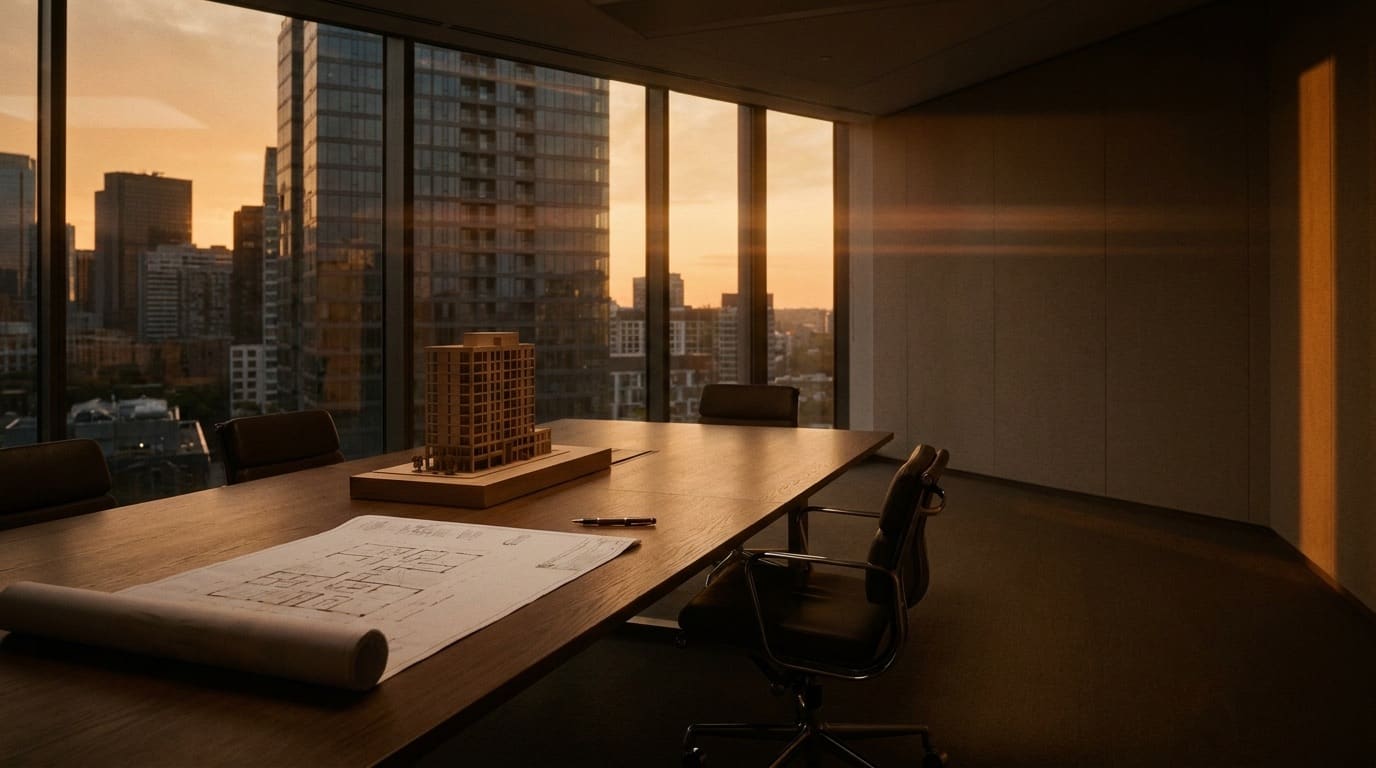 A commercial real-estate boardroom at golden hour — site plans on the table, the work that used to fill every Saturday
